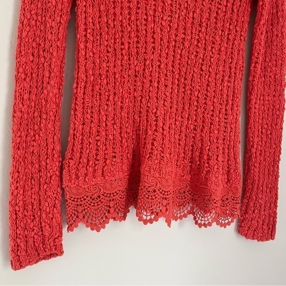 Anthropologie Knitted & Knotted Knit Lace Hem Sweater Coral Orange Size Small - Picture 8 of 9